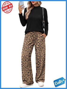 Women's Two Piece Lounge Set Mock Neck Top Wide Leg Pants Matching Set